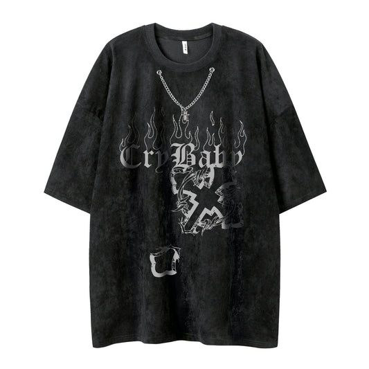 oversized hippop street style loose puff print Tshirt with chain