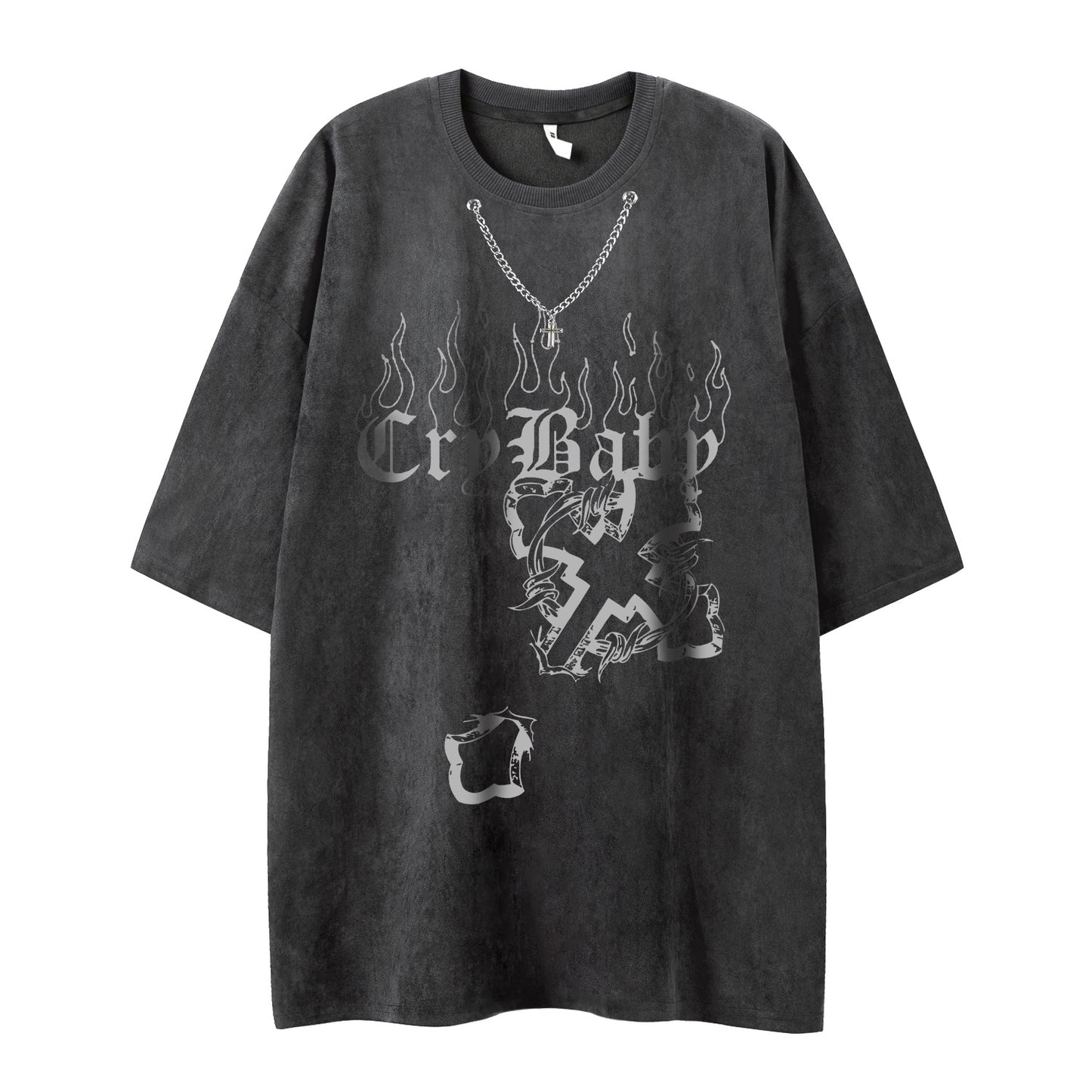 oversized hippop street style loose puff print Tshirt with chain